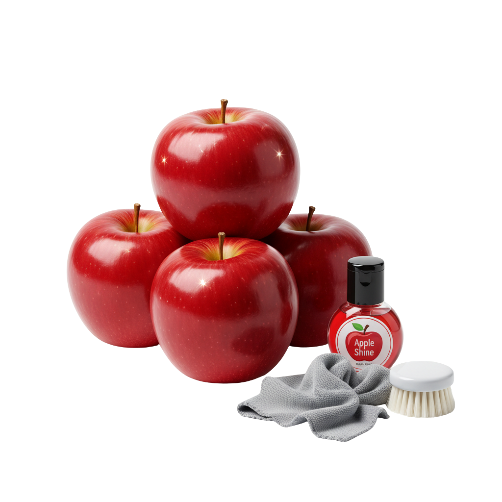 Cuatro manzanas rojas perfectamente pulidas y brillantes